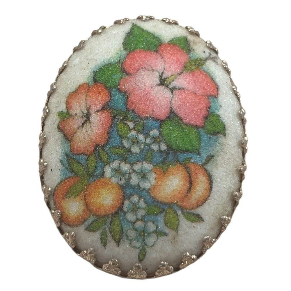 Vintage West Germany Sugar coated Brooch Hibiscus and Peaches, gold edged, pin